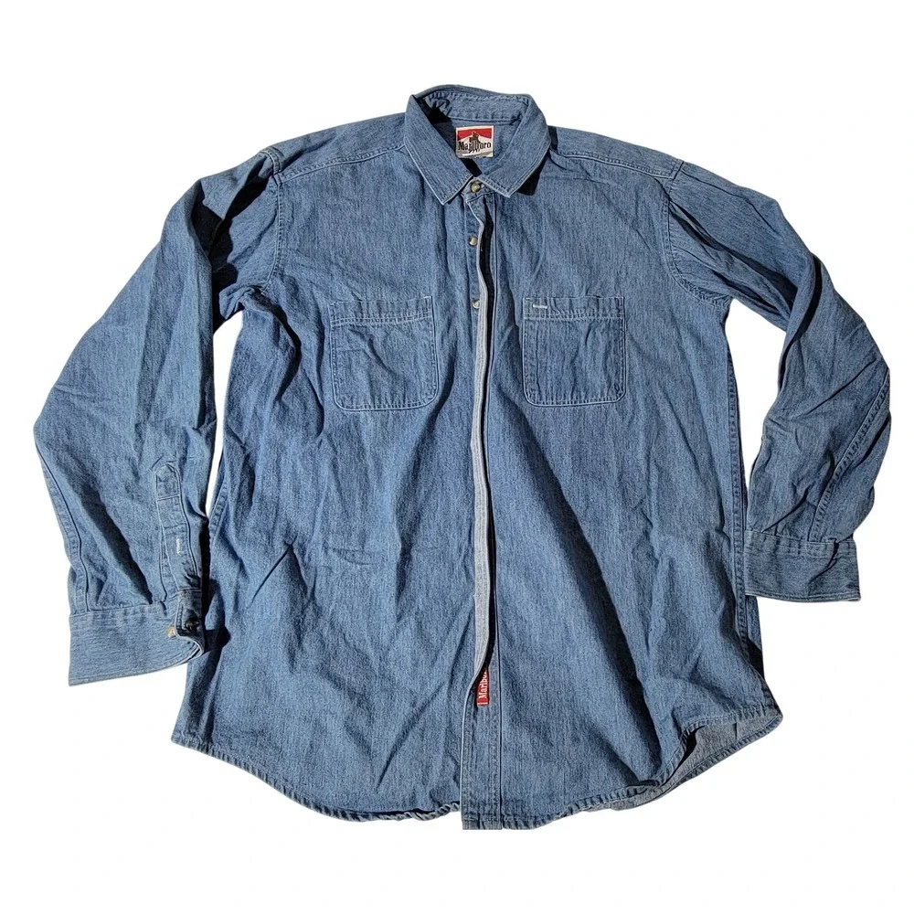 Vintage Marlboro Adventure Team Blue Denim Button Down Shirt Mens XL Made in USA